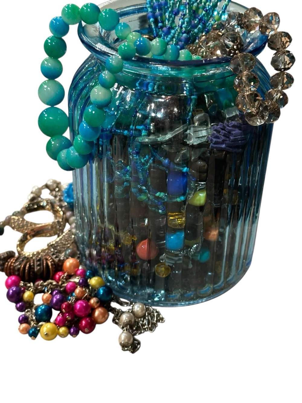 Estate Jewelry Blue Glass Jar Filled with Turquoise & Aqua Beaded Jewelry - Picture 4 of 7
